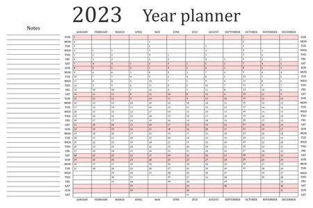 Calendar planner for 2023. Wall organizer, annual planner template. vector illustration. Saturday and Sunday are highlighted in pink. A place for notes. vertical months. one page.のイラスト素材