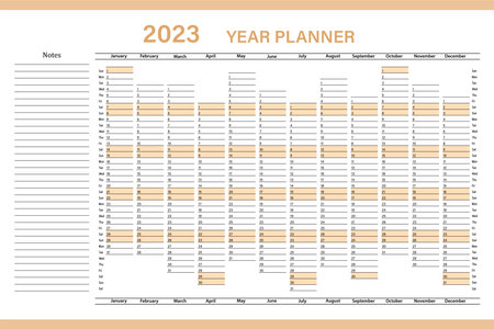 Calendar planner for 2023. Wall organizer, annual planner template. vector illustration. vertical months. Saturday and Sunday are highlighted in beige. one page. Installed for 12 mのイラスト素材