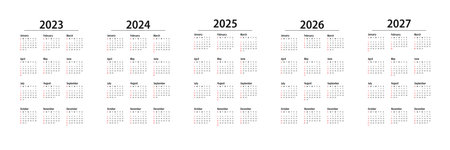 Calendar 2023, 2024, 2025, 2026, 2027. The week starts on Sunday. Corporate design planner template.のイラスト素材