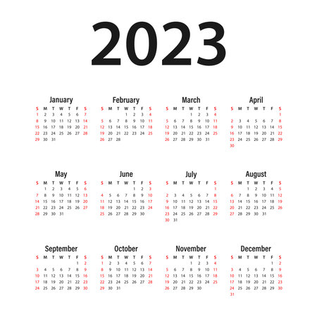 Calendar 2023 vector template, simple minimalistic design, Planner 2023, Wall calendar 2023, Week starts Sunday, Set of 12 calendars, advertising, printing, stationery, holidays inのイラスト素材