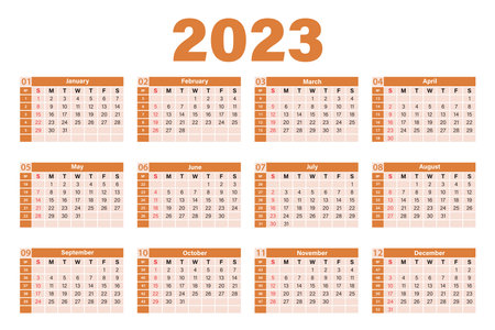 Template of the annual calendar for 2023. The week starts on Sunday. Vector illustration of the planner's calendar year 2023 in orange and pink tones.のイラスト素材