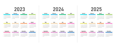 Calendar 2023, 2024, 2025 Vector. The week starts on Sunday. Calendar layout. Annual organizer, English. color illustration.のイラスト素材