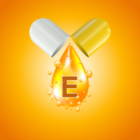 Vitamin E. Pharmaceutical banner template. A capsule with a drop-out vitamin drop and balls. cosmetic procedure nutrition skin careのイラスト素材