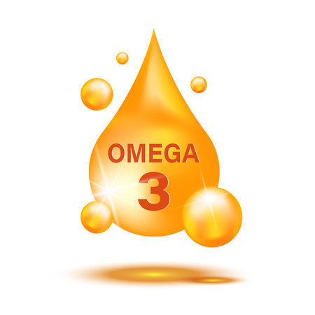 Gold realistic drop of Omega 3 vitamins and minerals on a light background. vector illustrationのイラスト素材