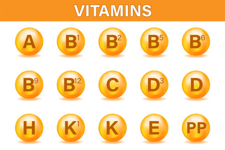 A set of multivitamin complex icons. multivitamin supplement. Vitamin A, group B, B1, B2, B3, B5, B6, B9, B12, C, D, D3, E, K, H, K 1, PP. An essential vitamin complex.のイラスト素材