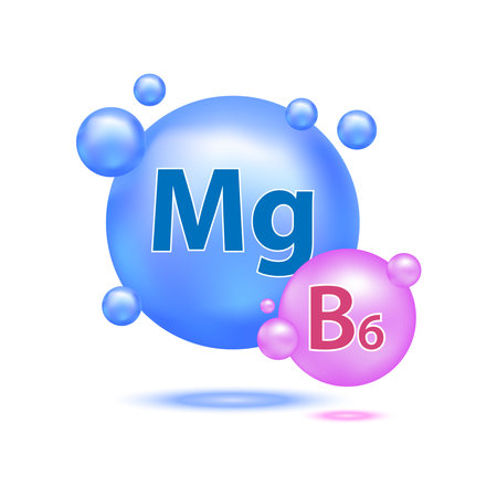 Minerals Magnesium Mg and Vitamin B6 for health. The concept of medical and dietary nutrition. 3D vector illustration. isolated on a white background.のイラスト素材