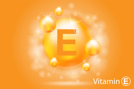 Vitamin E yellow shiny capsule. Beauty, nutrition, skin care, pharmacy, diet. A shining golden drop of substance. Advertising of medicines. cosmetic procedures. vector illustrationのイラスト素材