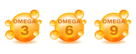 A set of golden drops of Omega icons . Polyunsaturated fats Omega-3, Omega-6, Omega-9. Natural fish, organic vitamin, nutrients. Vitamin Drop Tablets capsulesのイラスト素材