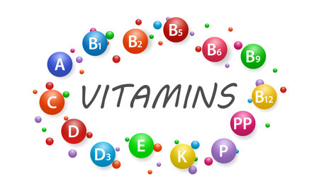 Icons of the multivitamin complex. Multivitamin supplement, vitamin A, group B B1, B2, B3, B5, B6, B9, B12, C, D, E, K, P, P P. Diet infographics. scientific vector illustrationのイラスト素材