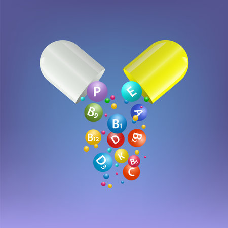 Multivitamin complex capsules. Health supplement pharmacy banner template. medicine science vector illustrationのイラスト素材