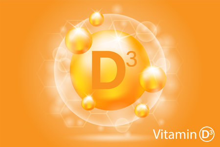 Vitamin D3 yellow shiny capsule. Beauty, nutrition, skin care, pharmacy, diet. A shining golden drop of substance. Advertising of medicines. cosmetic procedures. vector illustrationのイラスト素材