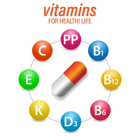 multivitamin complex. 3d layout with a medical capsule and vitamins. A fashionable poster of a health-improving multivitamin complex.のイラスト素材