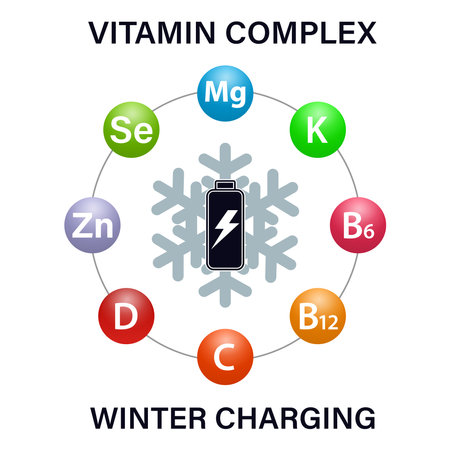 Winter charging. A set of vitamins and minerals. Multivitamins help strengthen the body. Medical scientific and medical concept. vector illustrationのイラスト素材
