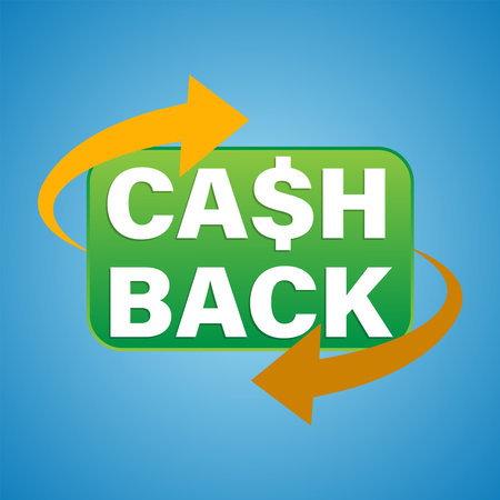 The concept of the cash back loyalty program. Cash back logo template. A green frame with white text and yellow arrows isolated on a light blue gradient background. The design of tのイラスト素材