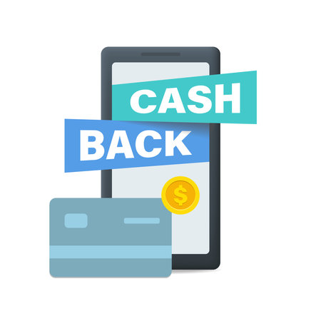 Cash back concept with smartphone and credit card. Vector illustration in flat styleのイラスト素材