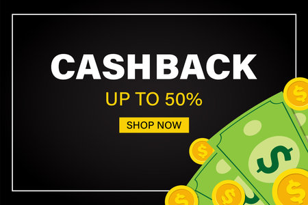 The concept of the Cash back loyalty program is up to 50%. Green paper dollars, gold coins on a black gradient background with a white border. Horizontal banner, poster. vector illustrationのイラスト素材
