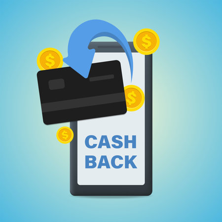 Mobile cashback service, financial payments. vector illustration. Cashback, a vector concept of saving money with a smartphone, dollar coins, wallet, arrows.のイラスト素材