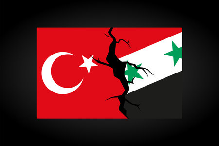 Earthquake in Turkey and Syria. The broken heart of Turkey and Syria. The flag of Turkey and Syria with a crack. vector illustration. The earthquake struck two countries.のイラスト素材