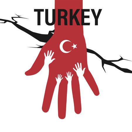 The EARTHQUAKE killed thousands of people in Turkey. A helping hand to earthquake victims. Turkish flag. Earthquake Turkey. Major earthquakes in eastern Turkeyのイラスト素材