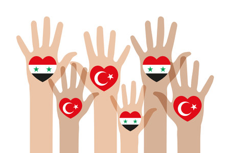 Illustration of a group of hands with the flag of Syria.のイラスト素材