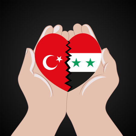 Turkey and Syria heart in hands. Vector illustration on dark background.のイラスト素材
