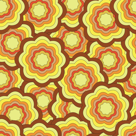 Seamless pattern in the style of the 70s - flowers, leaves, waves, shapes. Old textiles with botanical ornaments.のイラスト素材