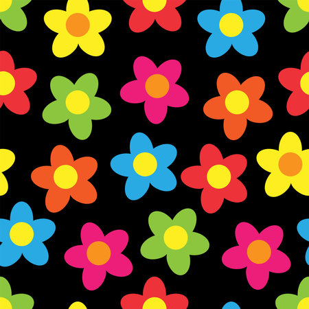 Seamless retro style pattern with bright colors and black background. Bright multicolored flowers on a black background. Vector illustration design for printing, banner, coverのイラスト素材
