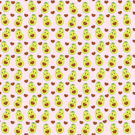 Cute seamless background with avocado and hearts. Avocado Fruit Characters with funny faces. Cute re-print, scarf, packaging design. vector romantic backgroundのイラスト素材