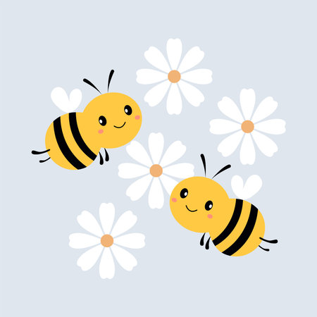 Cute bees are flying over the flower. Vector illustration in a flat style.のイラスト素材