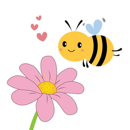 A cute bee is flying over a flower. Vector illustration in a flat style.のイラスト素材