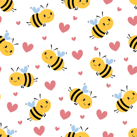 Seamless pattern with cartoon bee and heart on white background. vector illustration.のイラスト素材