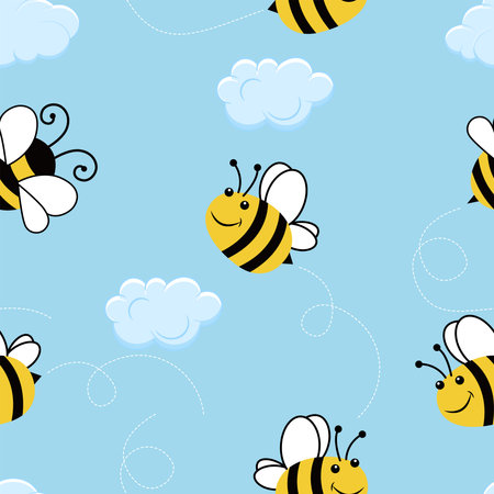Seamless pattern with cartoon bee and clouds on a blue background. vector illustration.のイラスト素材