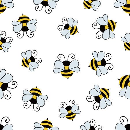 Seamless pattern with flying bees. Cartoon doodle cute bees seamless linear pattern. Vector cartoon black and yellow bees isolated on a white background.のイラスト素材