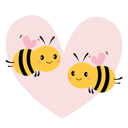 Cute bees and the symbol of the heart sign on a white background vector illustration.のイラスト素材