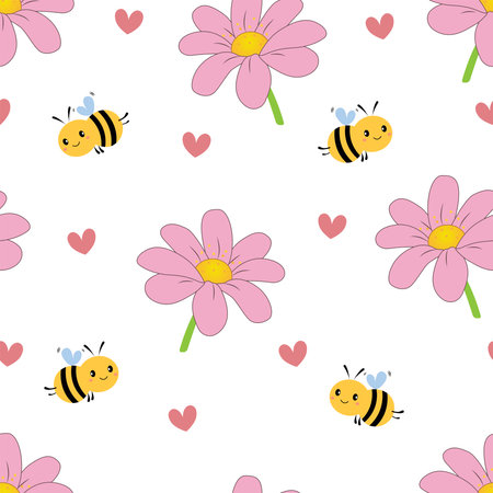 Seamless pattern with a flower and a cartoon bee on a white background vector illustration.のイラスト素材