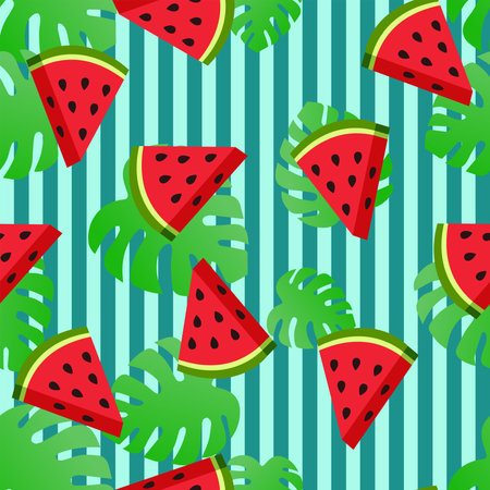 Seamless pattern of watermelons and tropical leaves on a striped background. vector background. flat design.のイラスト素材
