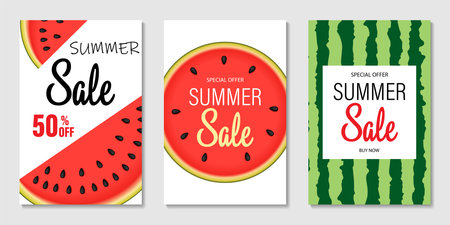 A set of summer sale banners with a watermelon image. Watermelon background. Three vertical banners on a light gray background, 50% discount. vector illustrationのイラスト素材