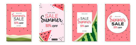 A set of summer sale banners with a watermelon image. Watermelon background. vector illustration. Four vertical banners on a white background, 50% off. vector illustrationのイラスト素材