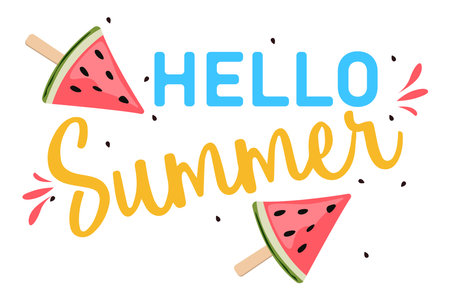 Watermelon Slice of popsicle. Hello summer inscription on a watermelon background. vector illustrationのイラスト素材