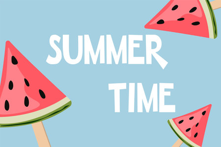 watermelon. A piece of fruit ice cream. The inscription "Summer time" on the background of watermelon ice cream. light blue background. Vector illustration in a flat style.のイラスト素材