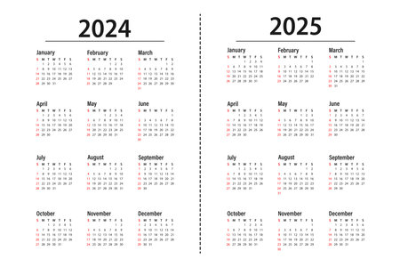 Calendar for 2024, 2025 the week starts on Sunday. Basic business template. Sunday is highlighted in red. vector illustrationのイラスト素材