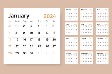Calendar template for 2024. The week starts on Sunday. Simple minimalistic classic style. Work or business calendar. English vector calendar for 2024.のイラスト素材