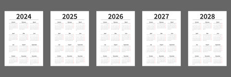 A set of calendars 2024, 2025, 2026, 2027, 2028. Blank templates of vertical single-page calendars for printing. The week starts on Monday. vector illustration.のイラスト素材