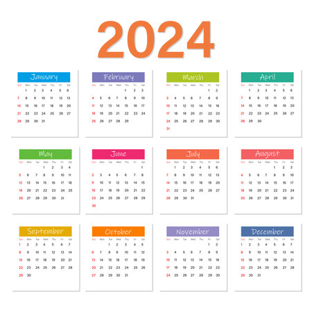 Colorful calendar 2024 vector template, simple minimalistic design. Wall calendar planner 2024. The week starts on Sunday.のイラスト素材