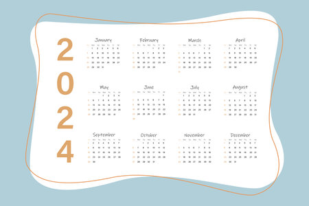 Calendar 2024 vector template, simple minimalistic design. Wall calendar planner 2024. The week starts on Sunday.のイラスト素材