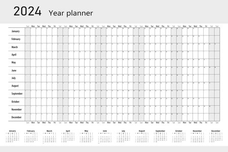 Calendar for 2024. Annual calendar planner. Schedule template with months. The week starts on Sunday. Organizer of the agenda. vector illustration.のイラスト素材