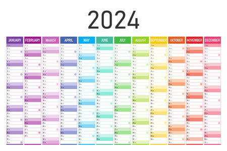 Calendar planner for 2024. Colorful wall calendar in English on a white background. vector templateのイラスト素材