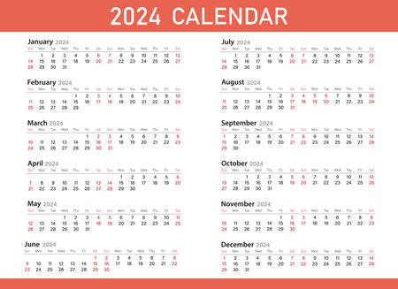 Calendar template for 2024. The week starts on Sunday. Diary planner, corporate and business calendar. organizer. Monthly calendar. daily planner.のイラスト素材