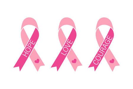 breast cancer awareness concept. Pink ribbons with a motivating inscription hope, love, courage. vector illustrationのイラスト素材