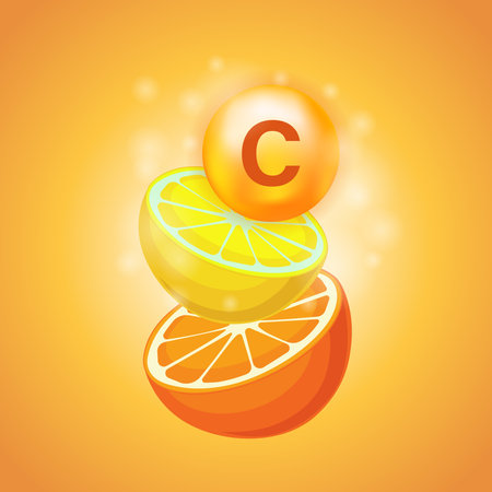 Citrus orange and lemon halves. The concept of natural vitamin C. Vector illustration.のイラスト素材